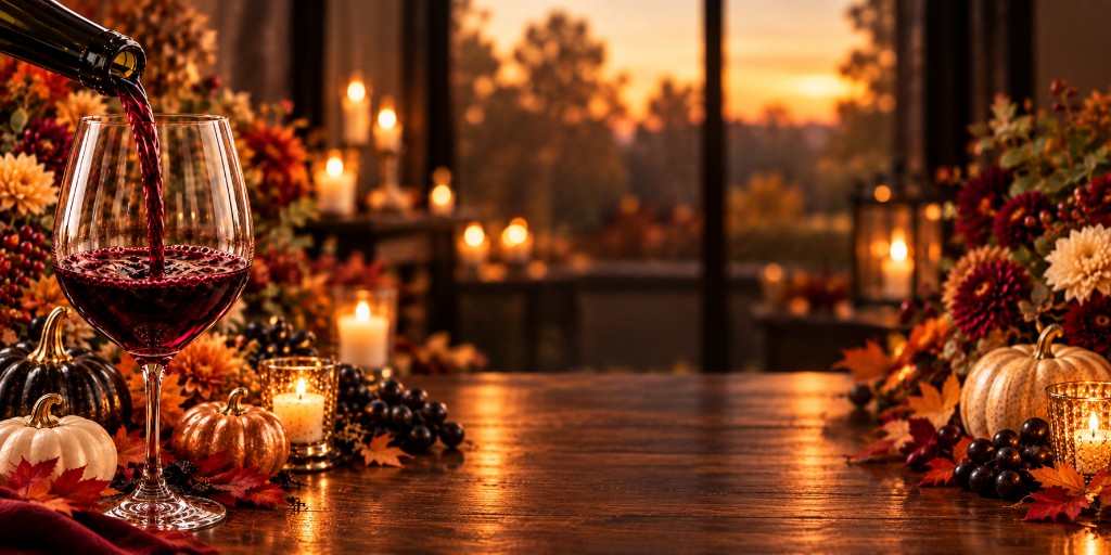 Red wine poured into a glass on a candlelit table at sunset