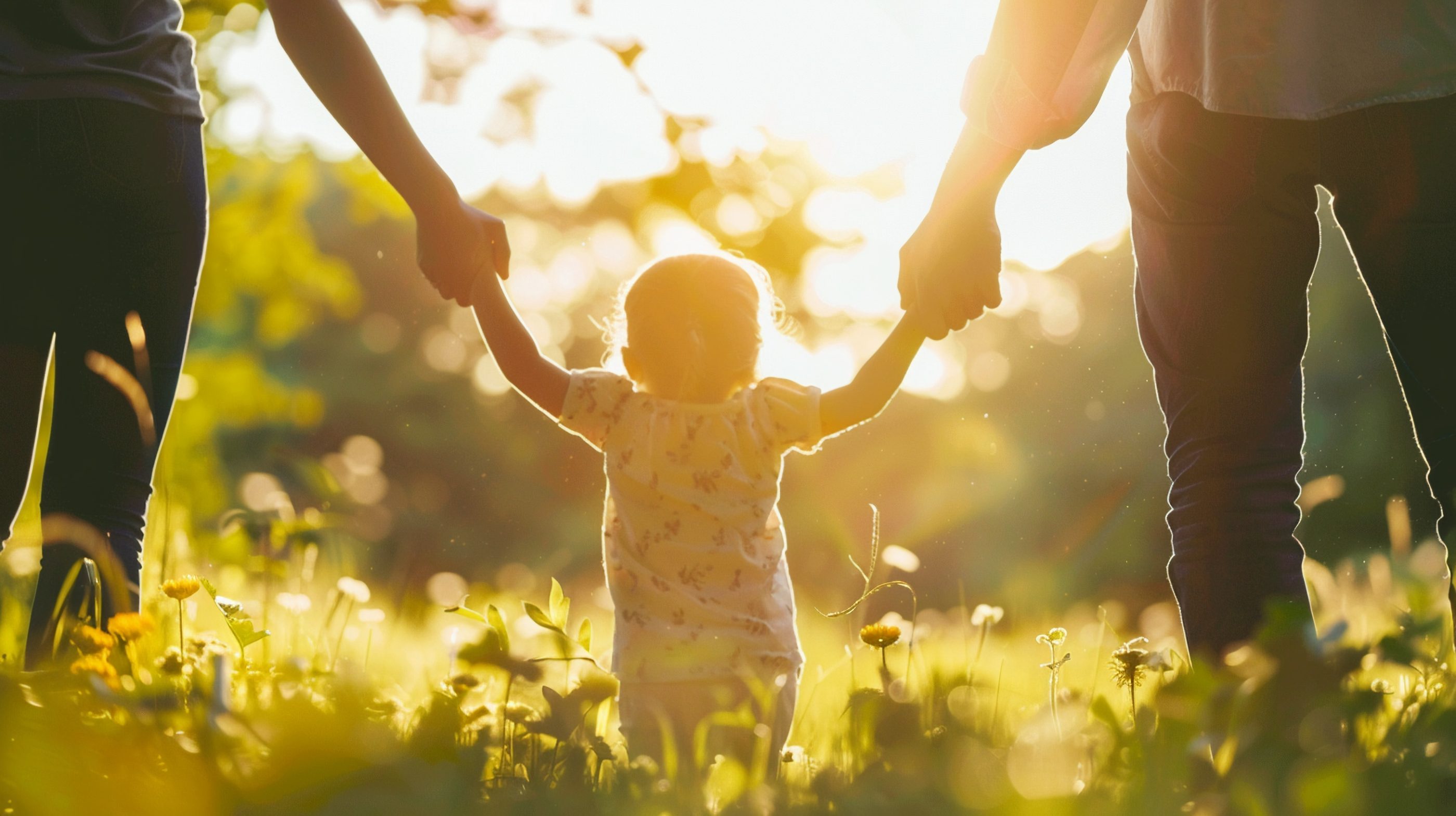 Two parents holding a baby's hands while walking in a field